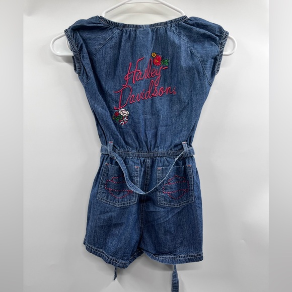 Harley Davidson Romper Girls 6 Blue Denim Floral Button Snap Jumpsuit - Picture 7 of 10